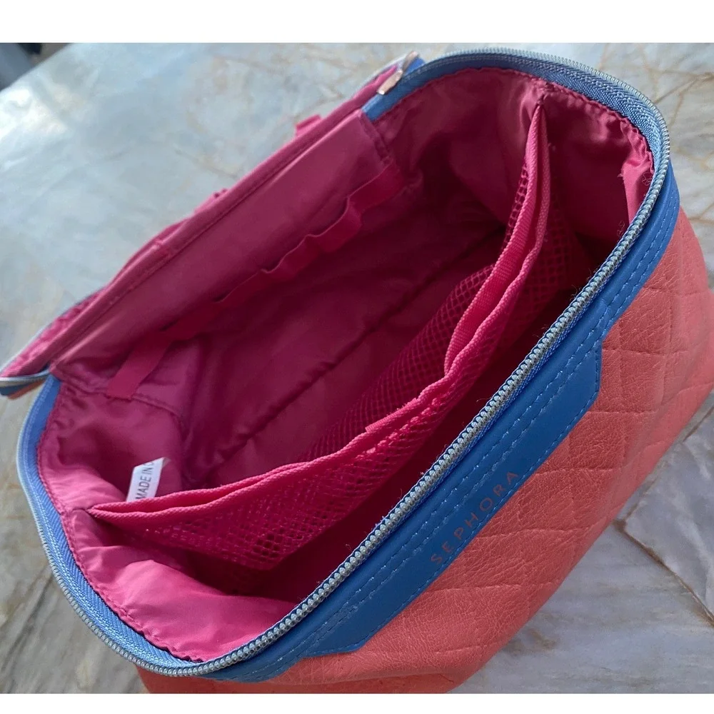 Sephora Quilted Makeup Train Case Coral Blue Travel Cosmetic Organizer Bag